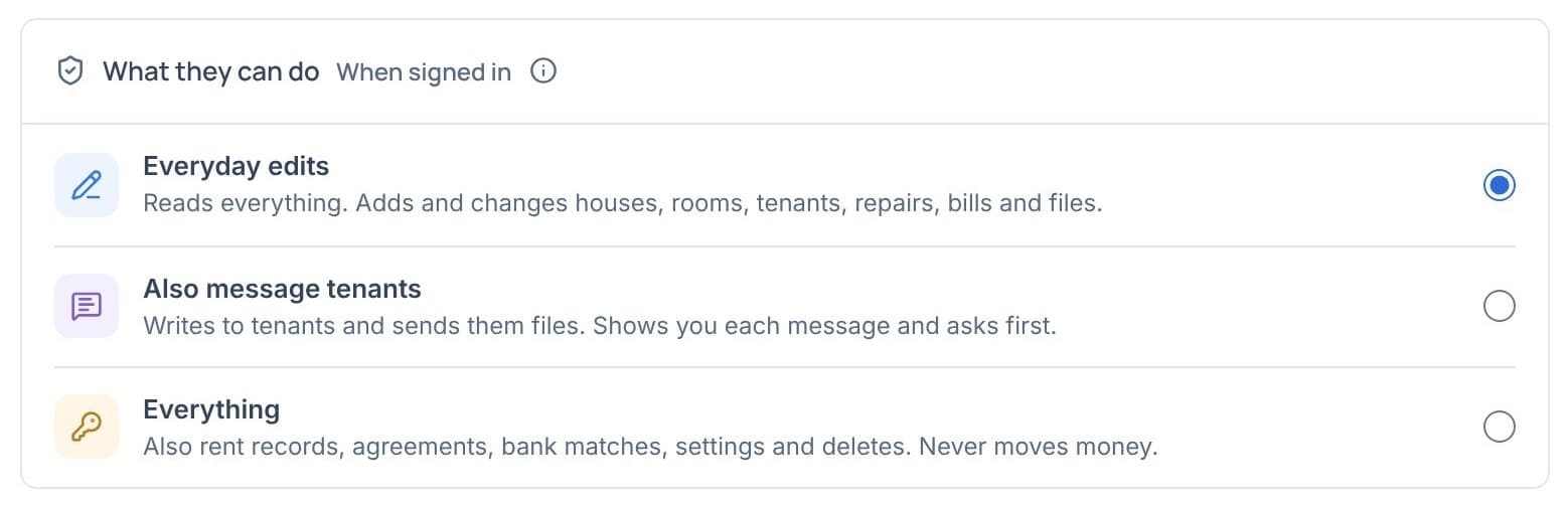 Roomline Settings, AI assistants: What they can do, with Everyday edits chosen over Also message tenants and Everything