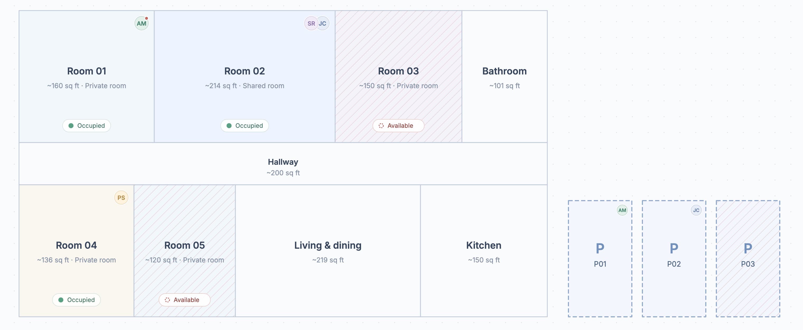 Roomline floor plan for a demo house showing each bedroom’s status