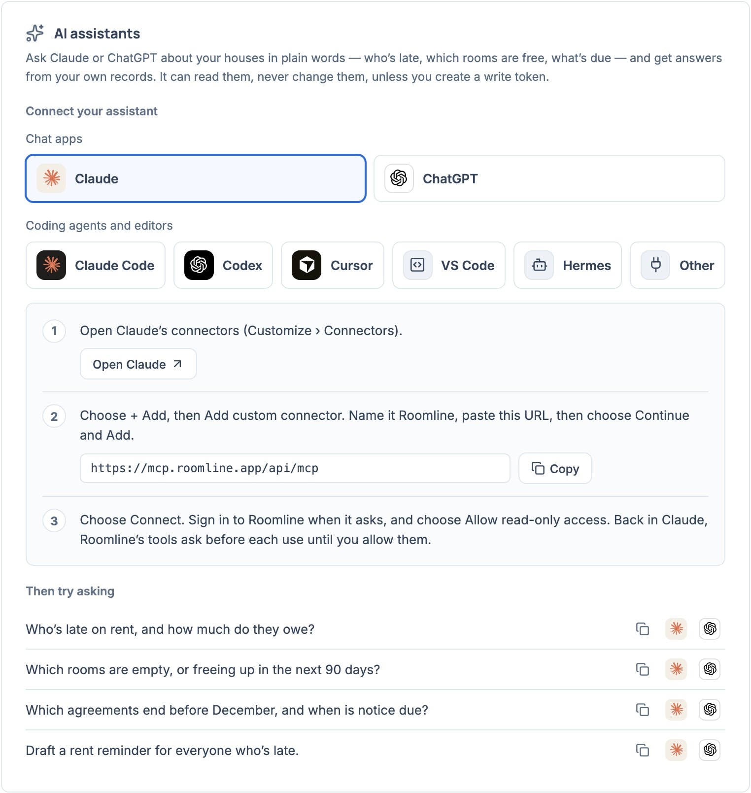 Settings, AI assistants: logo tiles for the chat apps Claude and ChatGPT, then for Claude Code, Codex, Cursor, VS Code, Hermes and other clients, three numbered steps for Claude with an Open Claude button and the connector URL to copy, then questions to try