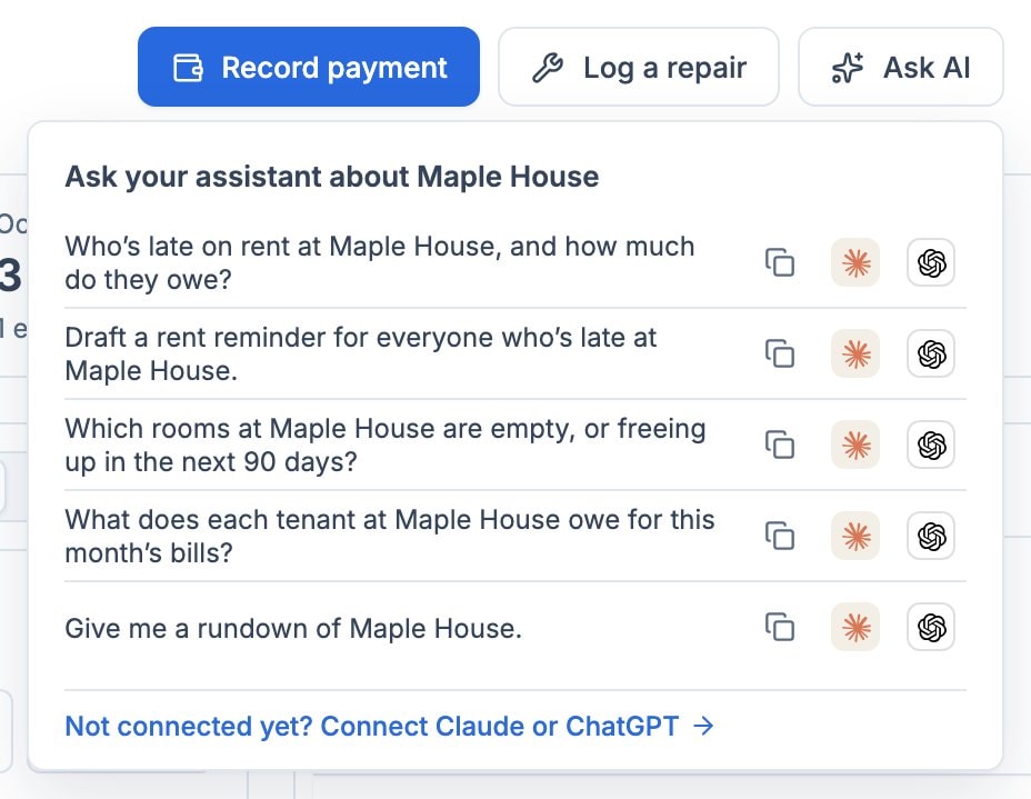Ask AI open on a property's Overview, listing questions about Maple House with copy, Claude and ChatGPT buttons beside each