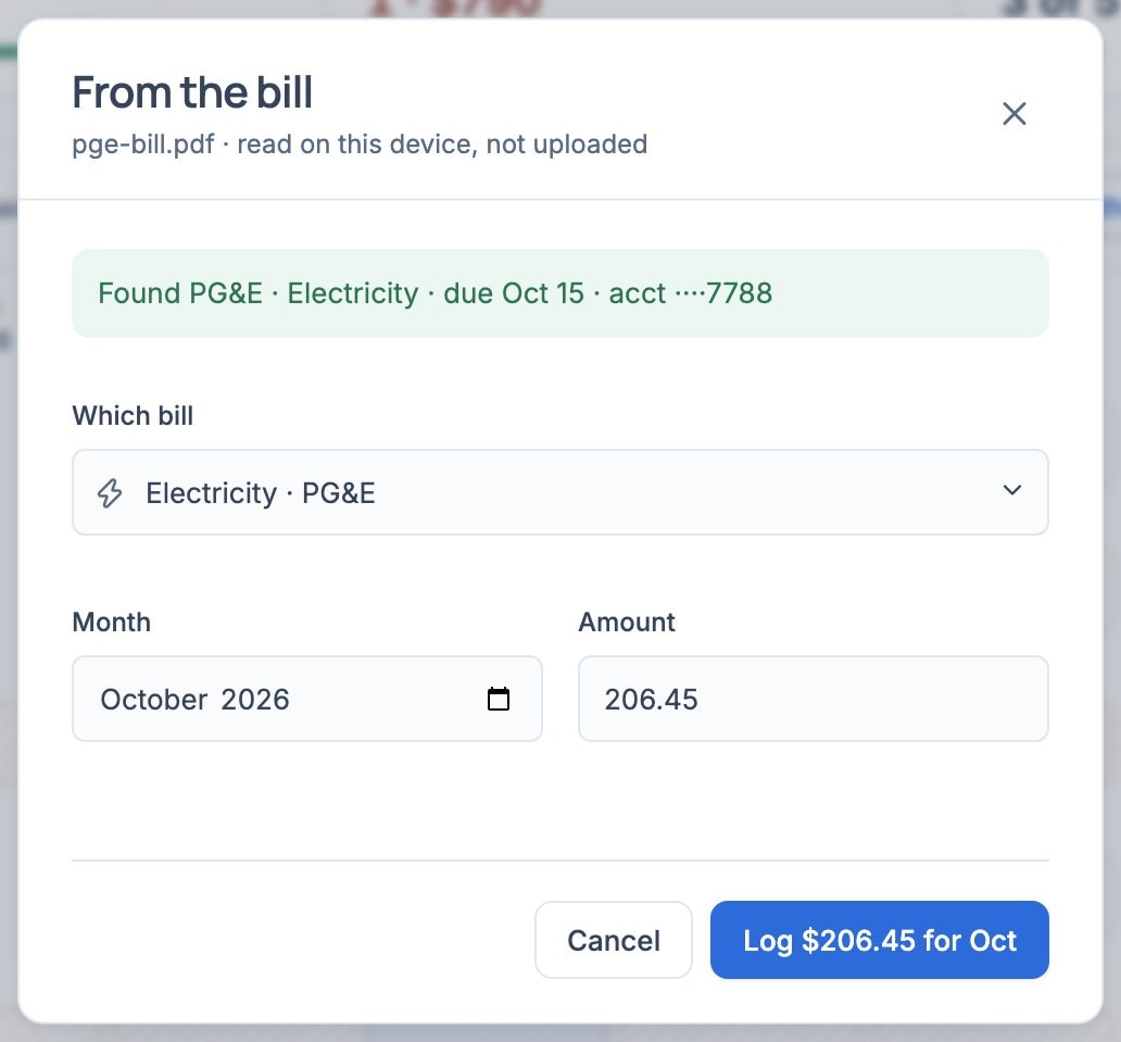 From the bill: a PG&E electricity bill read in the browser, with the bill, the month and the amount ready to log