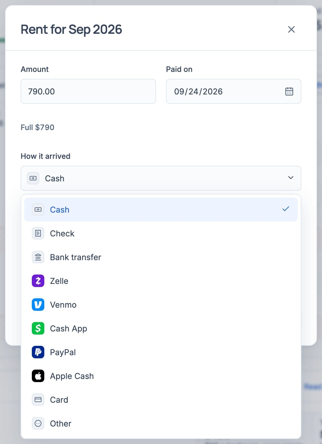 The Record payment dialog for September with the amount, the date paid, and How it arrived open, listing Cash, Check, Bank transfer, Zelle, Venmo, Cash App, PayPal, Apple Cash, Card and Other
