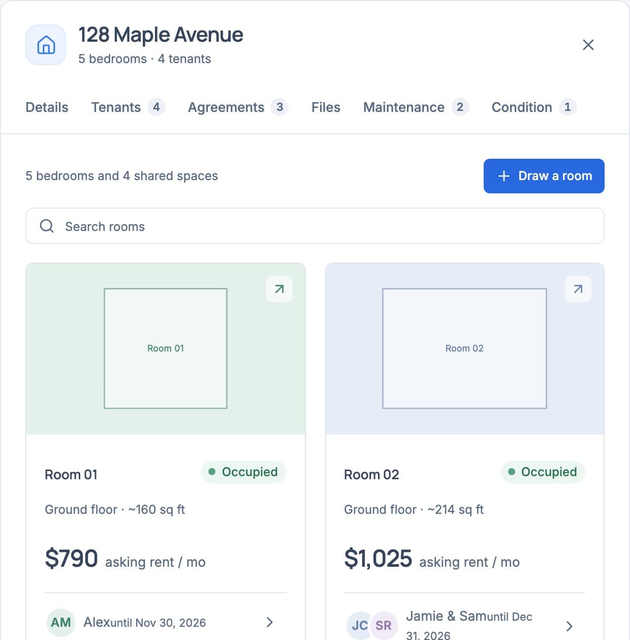 Roomline Rooms panel for Maple House: Room 01 at $790 asking rent, Occupied by Alex; Room 02 at $1,025, Occupied by Jamie & Sam