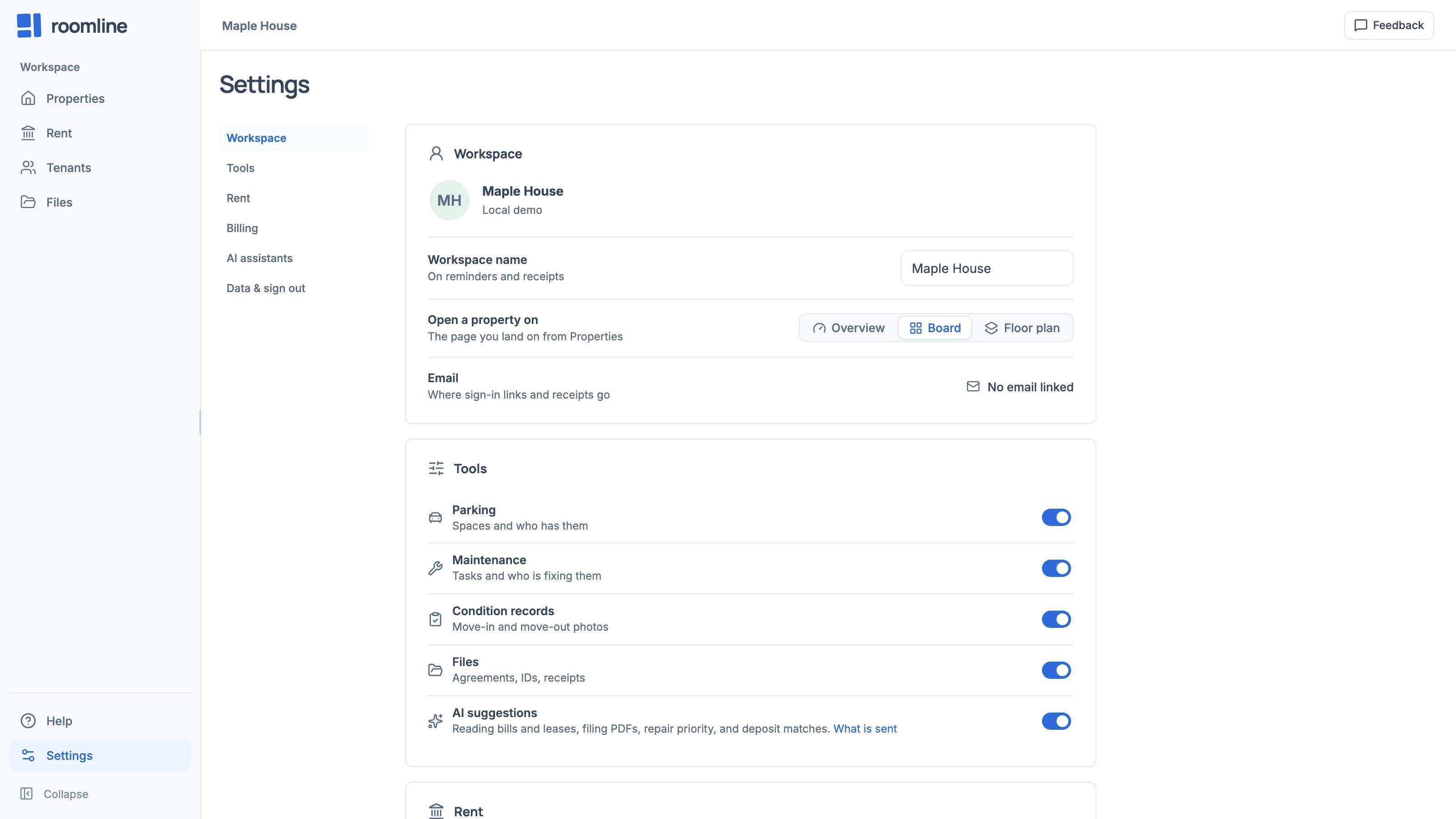 Settings: Workspace, then Tools with a switch each for parking, maintenance, condition records, files and AI suggestions