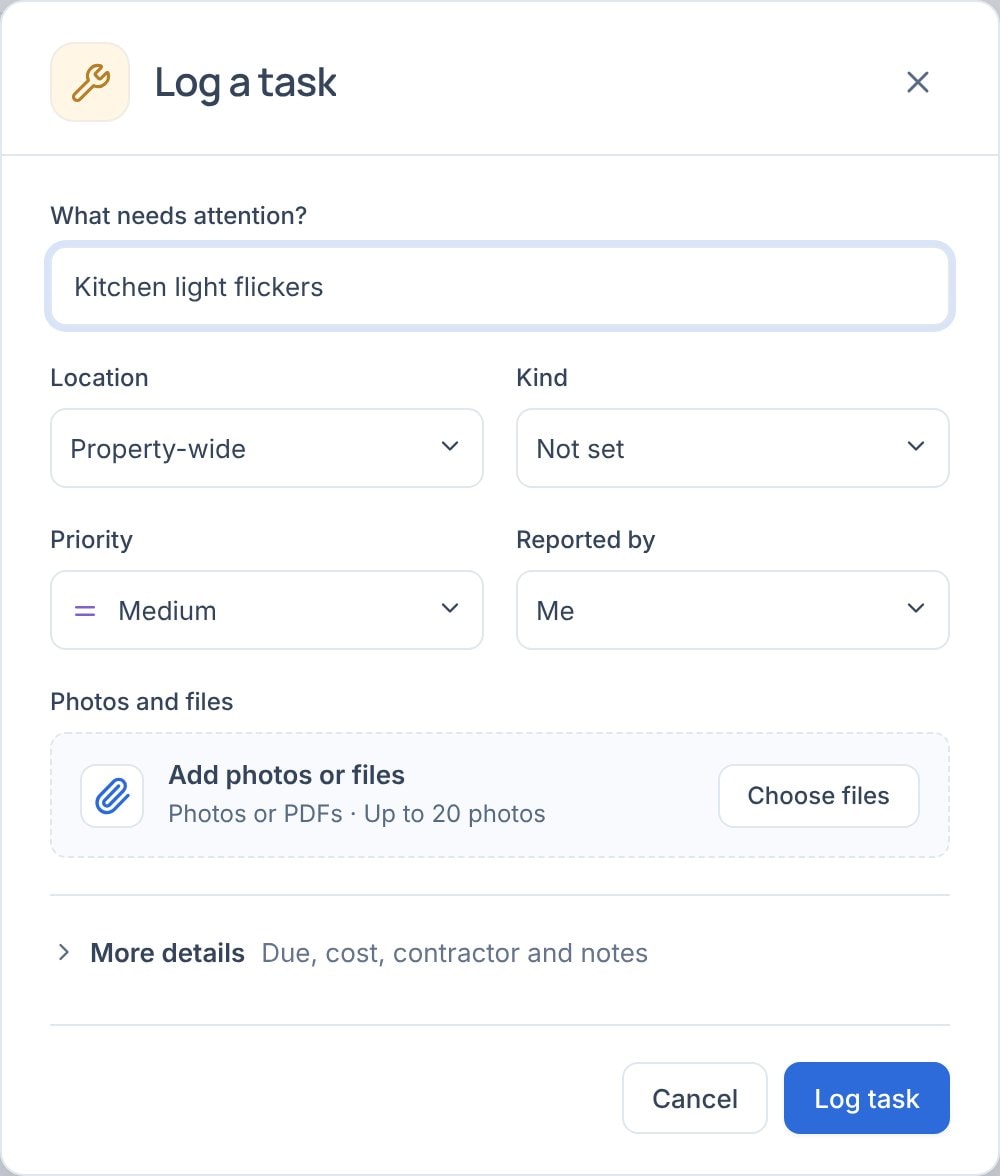Log a task: Kitchen light flickers, Location, Kind, Priority Medium, Reported by Me, and Add photos or files