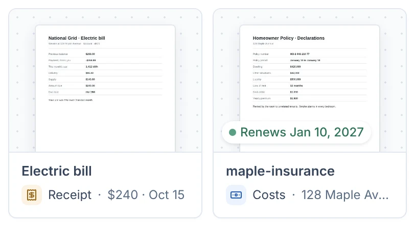 Files at Maple House as cards, each with a preview: the kitchen light receipt and the electric bill picked, and the home insurance marked Renews Jan 10, 2027; a bar under them reads 2 selected, Download .zip.