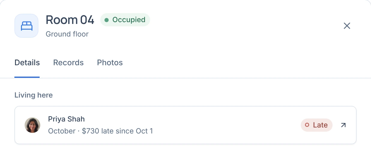Room 04 in Roomline: Priya Shah lives here, October rent $730, late since Oct 1.