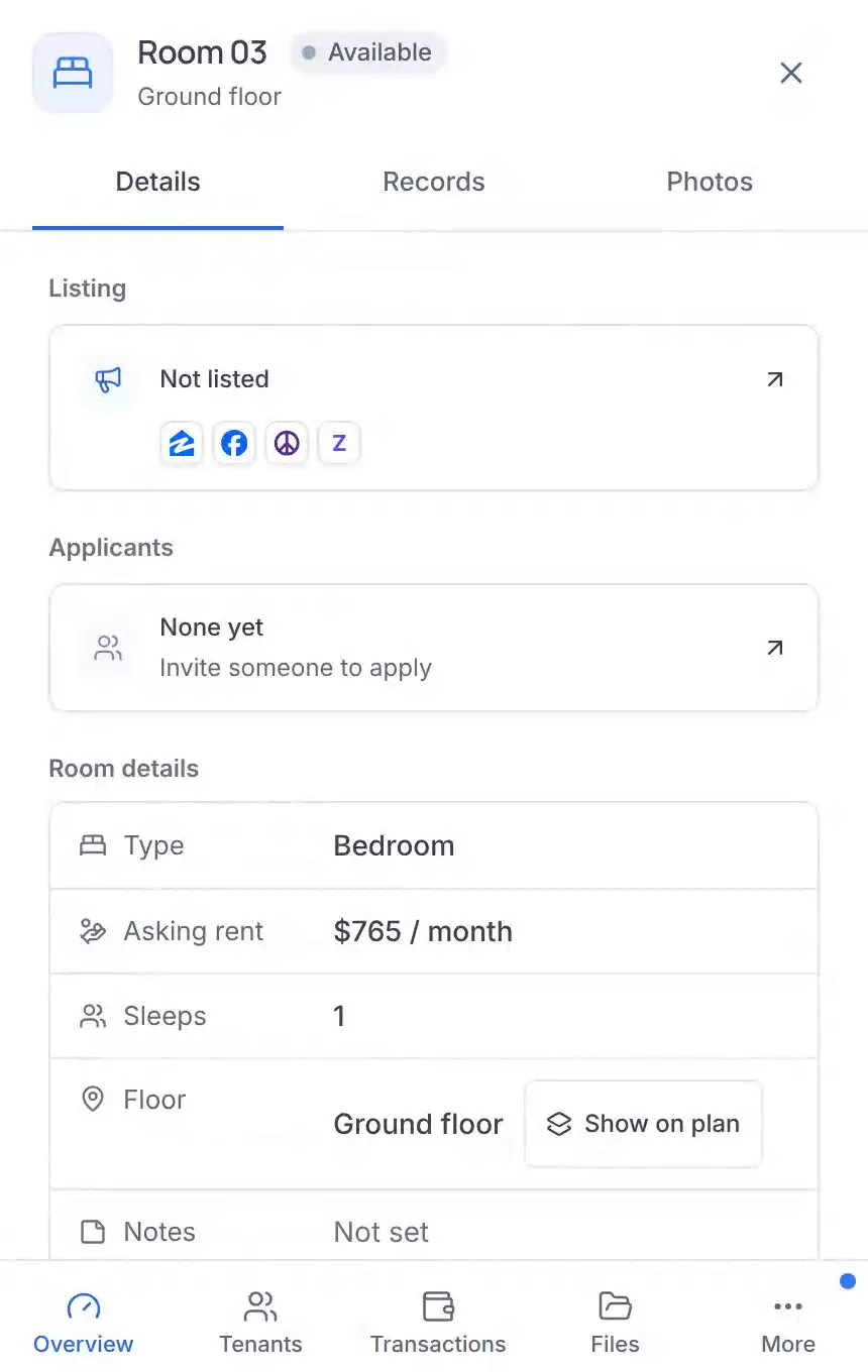 Maple House as a floor plan on a phone: each room with its tenant, paid, late or available.