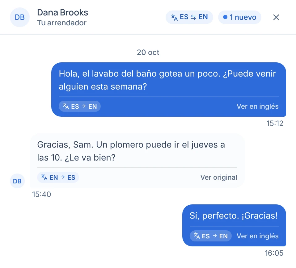 Sam's messages with the landlord, all in Spanish: Sam asks for someone to look at a leaking sink, the landlord's reply about a plumber on Thursday at 10 is shown translated from English, and Sam says yes.
